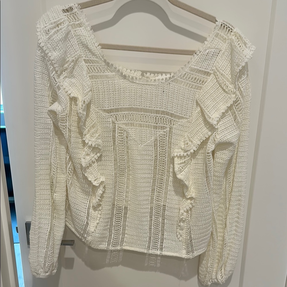 Sezane White Ruffled Fitted Long Sleeve Blouse